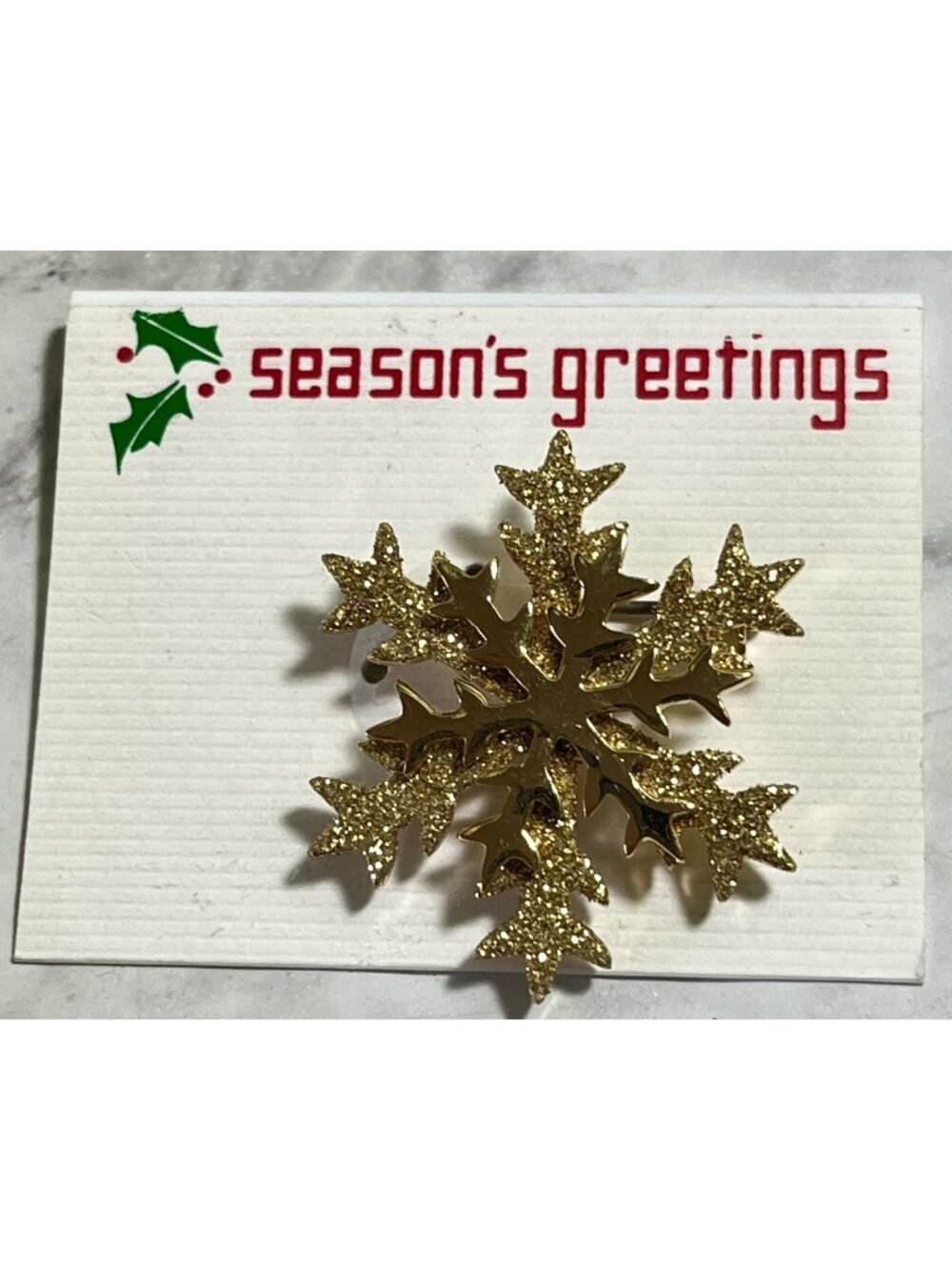 Snowflake Shaped Gold Tone Brooch Glitter Accents Christman Pin Winter 3D